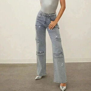 Medium Wash Curvy Women's Flap Pocket Side Cargo Mid Ride Jeans